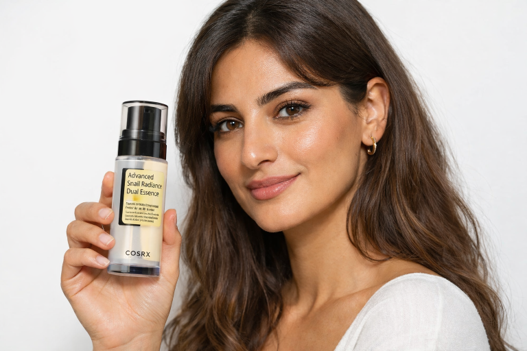 مدل در حال استفاده از اسنس حلزون دبل کوزارکس برای آبرسانی و شفافیت پوست